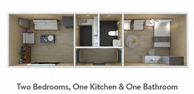 2 bedrooms one kitchen one bathroom layout