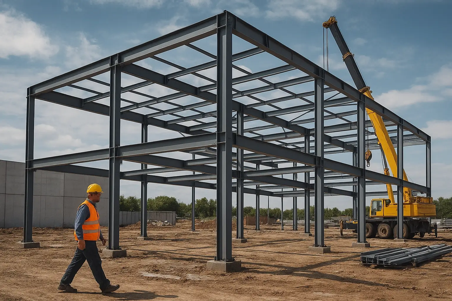 Steel structure being assembled on a construction site